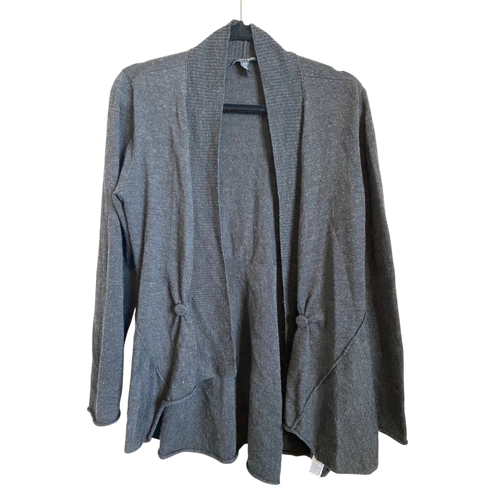 Eileen Fisher Merino Wool Open Front Cardigan Gray Empire Waist Peplum Medium